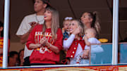 Taylor Swift watches the game between the Kansas City Chiefs and Los Angeles Chargers with Brittany Mahomes on October 22, 2023.