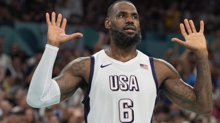 United States guard Lebron James (6) celebrates after a play in the fourth quarter against South Sudan during the Paris 2024 Olympic Summer Games at Stade Pierre-Mauroy. Mandatory Credit: