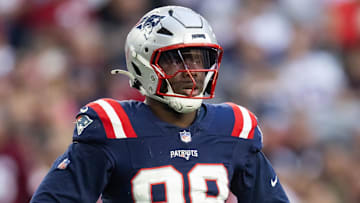 Dec 15, 2024; Glendale, Arizona, USA; New England Patriots defensive end Keion White (99) against the Arizona Cardinals at State Farm Stadium. Mandatory Credit: Mark J. Rebilas-Imagn Images