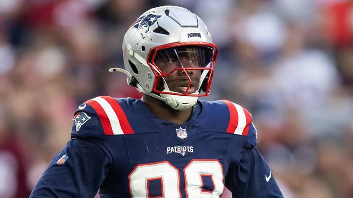 Dec 15, 2024; Glendale, Arizona, USA; New England Patriots defensive end Keion White (99) against the Arizona Cardinals at State Farm Stadium. Mandatory Credit: Mark J. Rebilas-Imagn Images