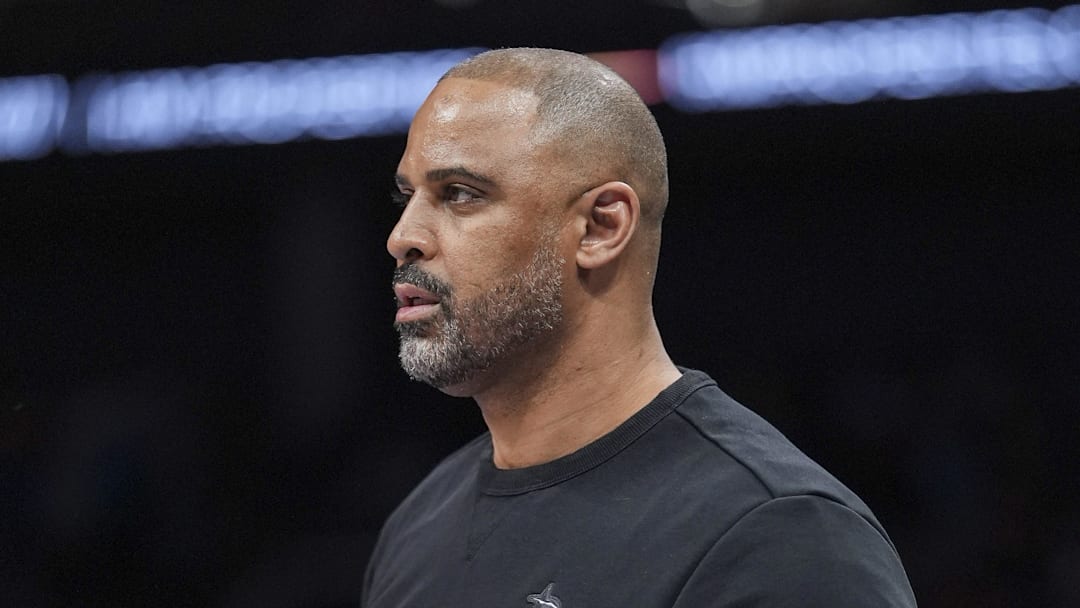 Feb 19, 2026; Charlotte, North Carolina, USA; Houston Rockets head coach Ime Udoka during the first quarter against the Charlotte Hornets at Spectrum Center. Mandatory Credit: Jim Dedmon-Imagn Images