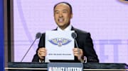 May 14, 2019; Chicago, IL, USA; NBA deputy commissioner Mark Tatum reveals the number one pick for the New Orleans Pelicans during the 2019 NBA Draft Lottery at the Hilton Chicago. Mandatory Credit: Patrick Gorski-Imagn Images