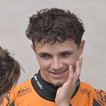 Jun 9, 2024; Montreal, Quebec, CAN; McLaren driver Lando Norris (GBR) (right) talks with Mercedes driver George Russell (GBR)  after the Canadian Grand Prix at Circuit Gilles Villeneuve. Mandatory Credit: Eric Bolte-USA TODAY Sports