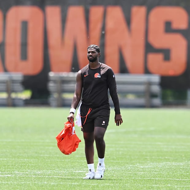 Jun 10, 2025; Berea, OH, USA; Cleveland Browns quarterback Shedeur Sanders (12) walks off the field during minicamp at CrossC