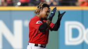 Aug 6, 2022; Cleveland, Ohio, USA; Cleveland Guardians third baseman Jose Ramirez (11) celebrates after hitting an RBI double during the first inning against the Houston Astros at Progressive Field. Mandatory Credit: Ken Blaze-Imagn Images