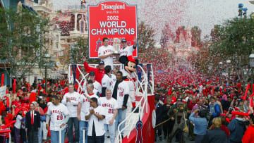 MVP Troy Glaus and Manager Mike Scioscia of the Anaheim Angels