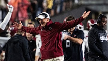 South Carolina Gamecocks head coach Shane Beamer reacts to the win against Vanderbilt Commodores at FirstBank Stadium in Nashville, Tenn., Saturday, Nov. 9, 2024.