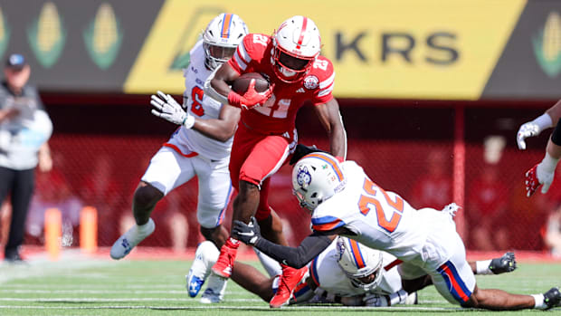 Nebraska running back Emmett Johnson runs the ball against Houston Christian.