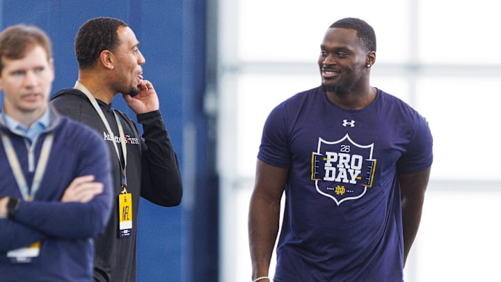 Running back Jeremiyah Love, right, during Notre Dame football's Pro Day at Irish Athletic Center on Tuesday, March 24, 2026, in South Bend.