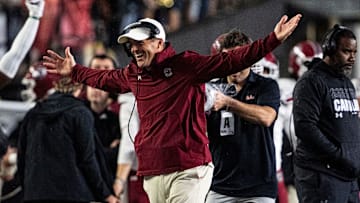 South Carolina Gamecocks head coach Shane Beamer reacts to the win against Vanderbilt Commodores at FirstBank Stadium in Nashville, Tenn., Saturday, Nov. 9, 2024.