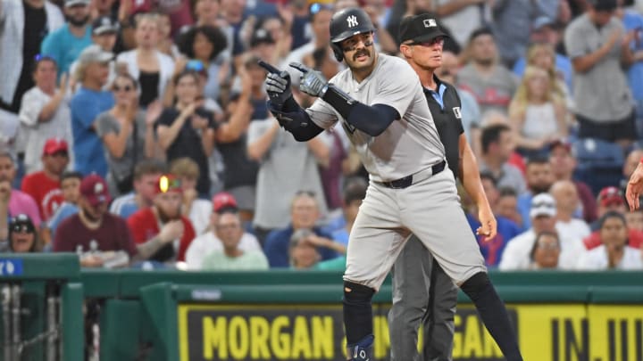 Jul 29, 2024; Philadelphia, Pennsylvania, USA; New York Yankees catcher Austin Wells (28) celebrates his two RBI double against the Philadelphia Phillies during the fifth inning at Citizens Bank Park. Mandatory Credit: Eric Hartline-USA TODAY Sports