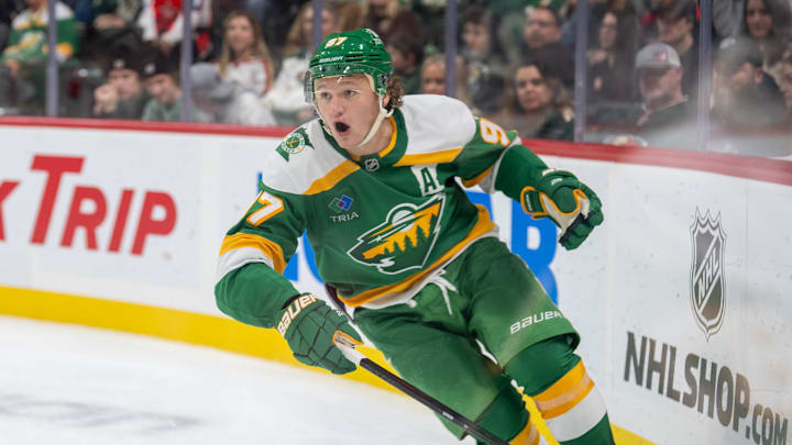 Nov 16, 2024; Saint Paul, Minnesota, USA; Minnesota Wild left wing Kirill Kaprizov (97) brings the puck up ice against the Dallas Stars in the third period at Xcel Energy Center. Mandatory Credit: Matt Blewett-Imagn Images