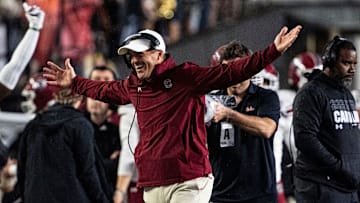 South Carolina Gamecocks head coach Shane Beamer reacts to the win against Vanderbilt Commodores at FirstBank Stadium in Nashville, Tenn., Saturday, Nov. 9, 2024.