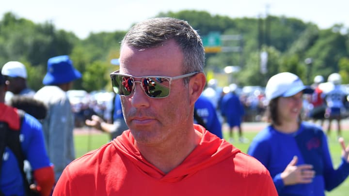 Jul 23, 2025; Rochester, NY, USA; Buffalo Bills general manager Brandon Beane on the field during training camp at St. John Fisher University. Mandatory Credit: Mark Konezny-Imagn Images