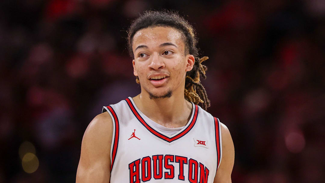 Mar 4, 2026; Houston, Texas, USA; Houston Cougars guard Kingston Flemings (4) reacts while playing against the Baylor Bears in the second half at Fertitta Center. Mar 4, 2026; Houston, Texas, USA; Houston Cougars guard Kingston Flemings (4) reacts while playing against the Baylor Bears in the second half at Fertitta Center.