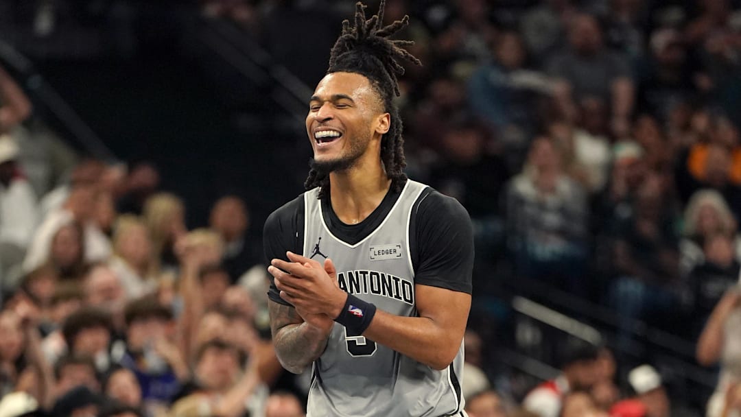 Nov 7, 2025; San Antonio, Texas, USA; San Antonio Spurs guard Stephon Castle (5) reacts during the second half against the Houston Rockets at Frost Bank Center. Mandatory Credit: Dustin Safranek-Imagn Images
