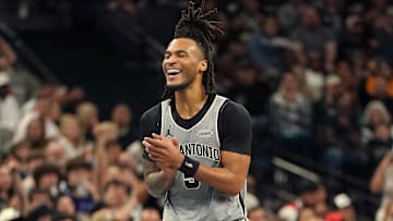 Nov 7, 2025; San Antonio, Texas, USA; San Antonio Spurs guard Stephon Castle (5) reacts during the second half against the Houston Rockets at Frost Bank Center. Mandatory Credit: Dustin Safranek-Imagn Images