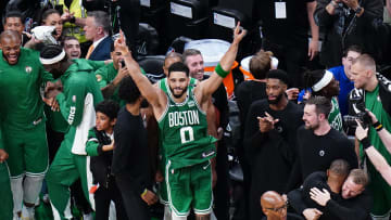 Jun 17, 2024; Boston, Massachusetts, USA; Boston Celtics forward Jayson Tatum (0) celebrates after defeating the Dallas Mavericks in game five to win the 2024 NBA Finals at TD Garden. Mandatory Credit: David Butler II-USA TODAY Sports