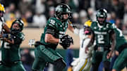 Michigan State tight end Jack Velling (12) makes a catch against Michigan during the second half at Spartan Stadium in East Lansing on Saturday, October 25, 2025.