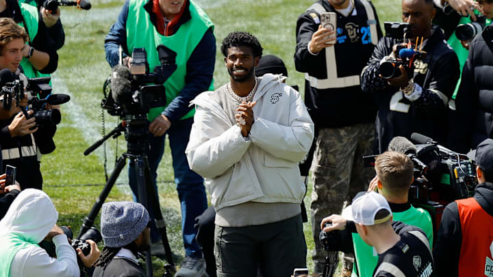 Apr 19, 2025; Boulder, CO, USA; Former Colorado Buffaloes player Shedeur Sanders during his number retirement ceremony before the spring game at Folsom Field. Mandatory Credit: Isaiah J. Downing-Imagn Images Apr 19, 2025; Boulder, CO, USA; Former Colorado Buffaloes player Shedeur Sanders during his number retirement ceremony before the spring game at Folsom Field. Mandatory Credit: Isaiah J. Downing-Imagn Images