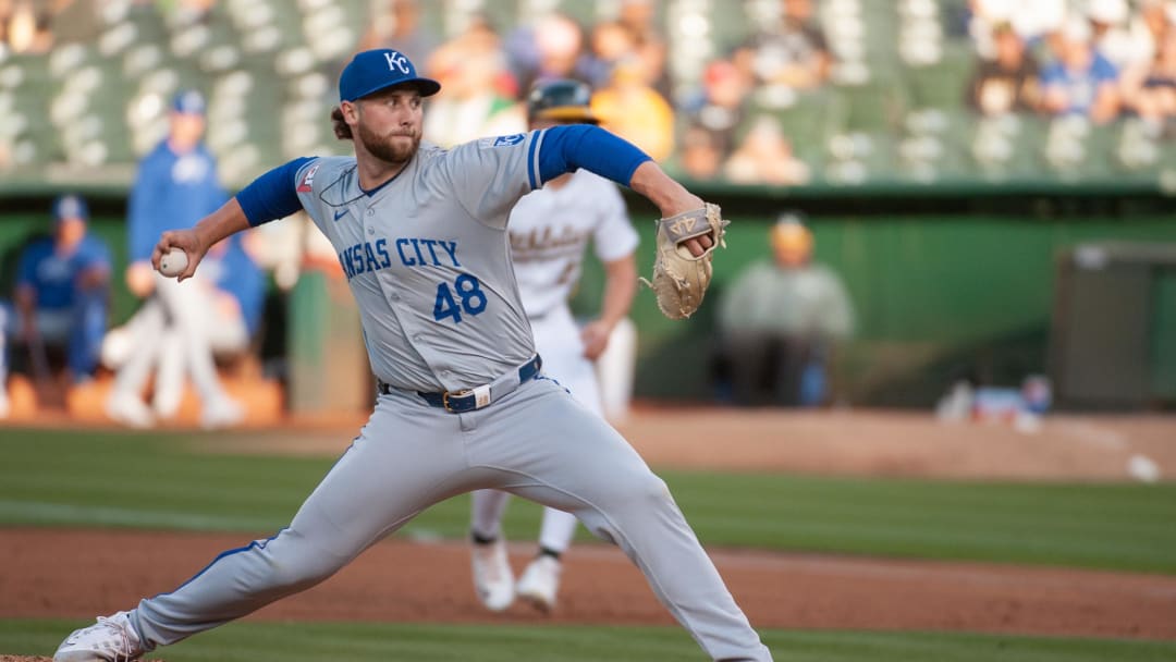 Jun 18, 2024; Oakland, California, USA; Kansas City Royals pitcher Alec Marsh (48) throws a pitch against the Oakland Athletics during the third inning at Oakland-Alameda County Coliseum. Mandatory Credit: Ed Szczepanski-USA TODAY Sports