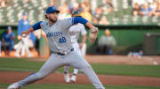 Jun 18, 2024; Oakland, California, USA; Kansas City Royals pitcher Alec Marsh (48) throws a pitch against the Oakland Athletics during the third inning at Oakland-Alameda County Coliseum. Mandatory Credit: Ed Szczepanski-USA TODAY Sports