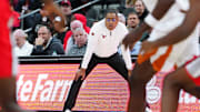 Nov 4, 2024; Las Vegas, Nevada, USA; Texas Longhorns head coach Rodney Terry watches play against the Ohio State Buckeyes during the first half at T-Mobile Arena. Mandatory Credit: Stephen R. Sylvanie-Imagn Images