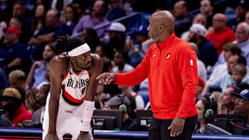 Nov 4, 2024; New Orleans, Louisiana, USA;  Portland Trail Blazers head coach Chauncey Billups talks to forward Jerami Grant (9) on a free throw against the New Orleans Pelicans during the first half at Smoothie King Center. Mandatory Credit: Stephen Lew-Imagn Images