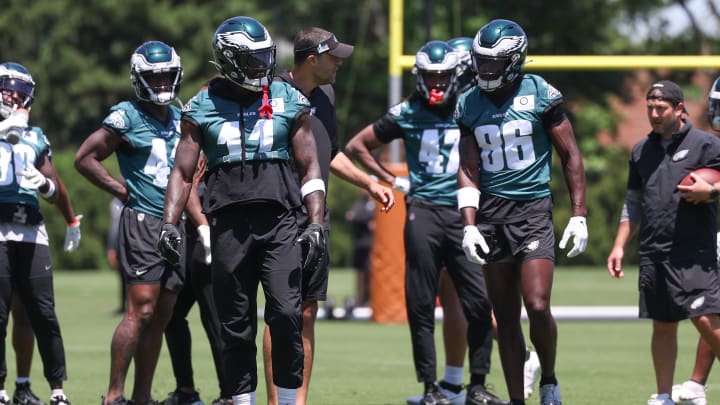 May 30, 2024; Philadelphia, PA, USA; Philadelphia Eagles wide receiver A.J. Brown (11) and wide receiver Joseph Ngata (86) during practice at NovaCare Complex. Mandatory Credit: Bill Streicher-USA TODAY Sports