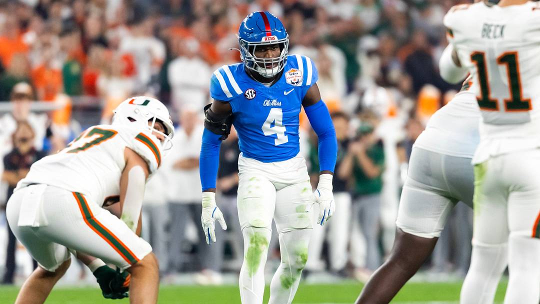 Mississippi Rebels linebacker Suntarine Perkins against the Miami Hurricanes during the 2026 Fiesta Bowl and semifinal game of the College Football Playoff at State Farm Stadium. Mississippi Rebels linebacker Suntarine Perkins against the Miami Hurricanes during the 2026 Fiesta Bowl and semifinal game of the College Football Playoff at State Farm Stadium.