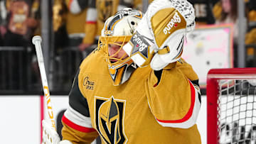 Apr 1, 2025; Las Vegas, Nevada, USA; Vegas Golden Knights goaltender Adin Hill (33) warms up before a game against the Edmonton Oilers at T-Mobile Arena. Mandatory Credit: Stephen R. Sylvanie-Imagn Images