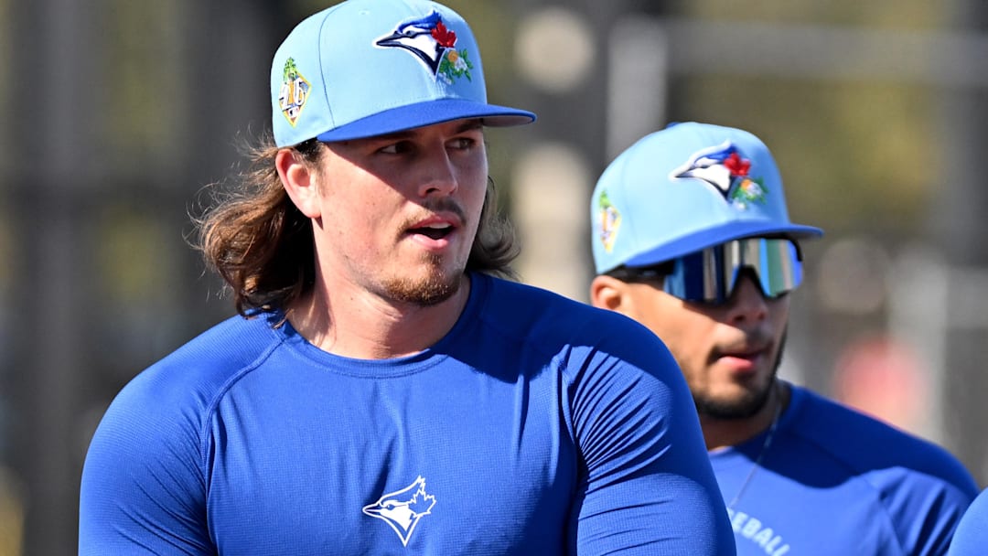Blue Jays Addison Barger warms up during spring training at the Bobby Mattick Training Center at Englebert Complex. Blue Jays Addison Barger warms up during spring training at the Bobby Mattick Training Center at Englebert Complex.