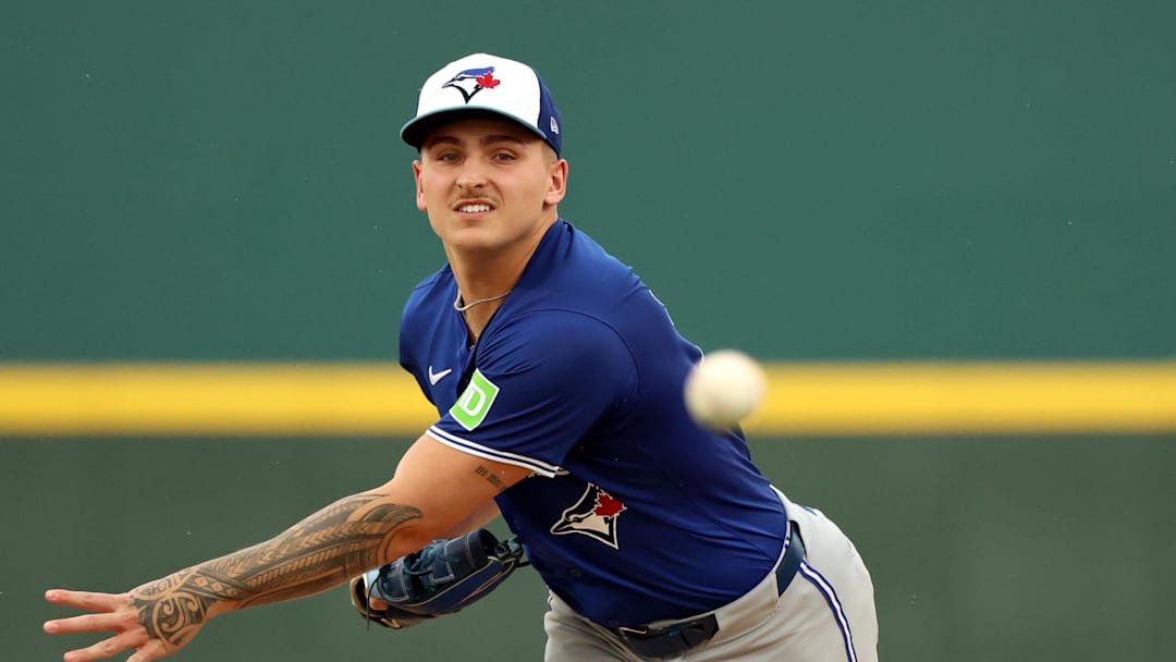 Mar 21, 2024; Bradenton, Florida, USA; Toronto Blue Jays pitcher Ricky Tiedemann (70) throws a pitch during the first inning against the Pittsburgh Pirates at LECOM Park. Mandatory Credit: Kim Klement Neitzel-Imagn Images
