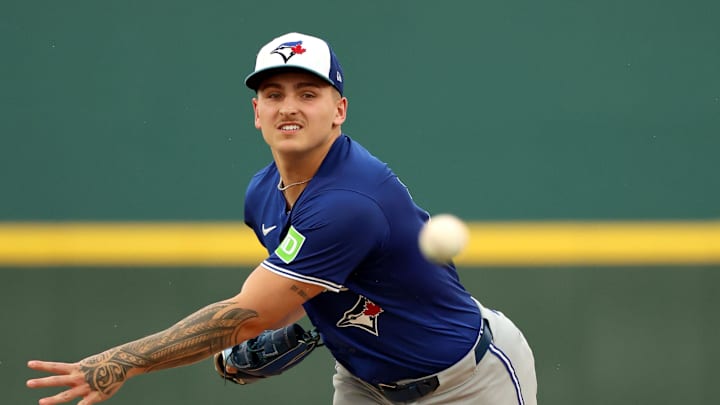 Mar 21, 2024; Bradenton, Florida, USA; Toronto Blue Jays pitcher Ricky Tiedemann (70) throws a pitch during the first inning against the Pittsburgh Pirates at LECOM Park. Mandatory Credit: Kim Klement Neitzel-Imagn Images