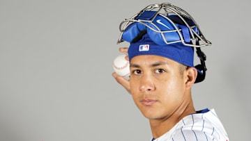 Feb 23, 2023; Mesa, AZ, USA; Chicago Cubs catcher Miguel Amaya (75) poses for images during photo