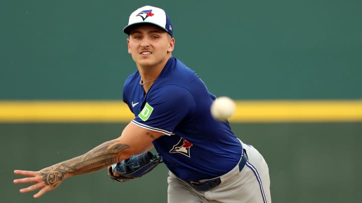 Mar 21, 2024; Bradenton, Florida Toronto Blue Jays pitcher Ricky Tiedemann (70) throws a pitch during the first inning against the Pittsburgh Pirates at LECOM Park