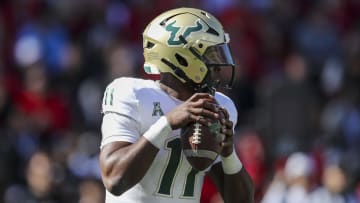 Oct 8, 2022; Cincinnati, Ohio, USA; South Florida Bulls quarterback Gerry Bohanon (11) plays the field against the Cincinnati Bearcats in the first half at Nippert Stadium. Mandatory Credit: Katie Stratman-USA TODAY Sports