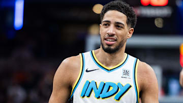 Jan 4, 2025; Indianapolis, Indiana, USA;  Indiana Pacers guard Tyrese Haliburton (0) reacts in the second half against the Phoenix Suns at Gainbridge Fieldhouse. Mandatory Credit: Trevor Ruszkowski-Imagn Images