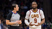 Dwyane Wade talks to referee Lauren Holtkamp during his brief tenure as a Cleveland Cavalier.