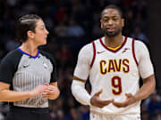 Dwyane Wade talks to referee Lauren Holtkamp during his brief tenure as a Cleveland Cavalier.