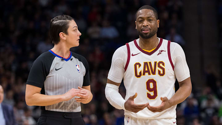 Dwyane Wade talks to referee Lauren Holtkamp during his brief tenure as a Cleveland Cavalier.