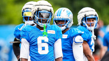 Detroit Lions cornerback Terrion Arnold (6) watches practice during training camp at Meijer Performance Center in Allen Park on Thursday, August 21, 2025.