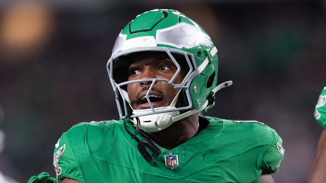 Nov 3, 2024; Philadelphia, Pennsylvania, USA; Philadelphia Eagles linebacker Nakobe Dean (17) in a game against the Jacksonville Jaguars during the third quarter at Lincoln Financial Field. Mandatory Credit: Bill Streicher-Imagn Images