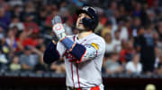 Atlanta Braves outfielder Adam Duvall celebrates after hitting a three run home run in the sixth inning against the Arizona Diamondbacks