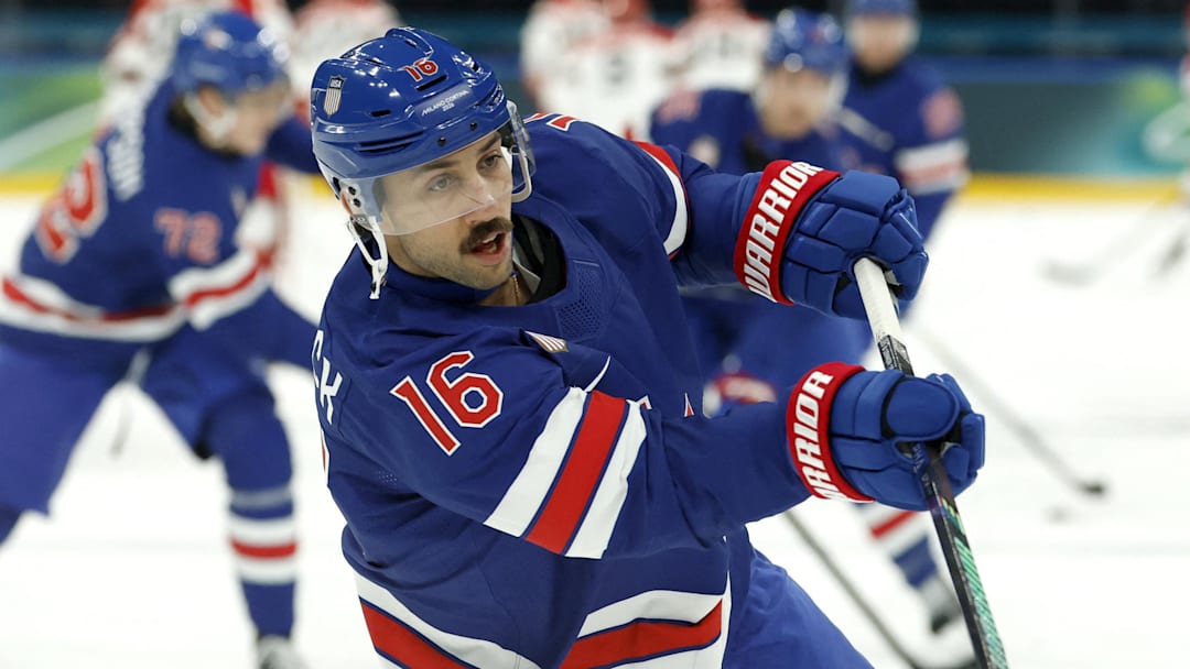 Feb 14, 2026; Milan, Italy; Vincent Trocheck of United States during the warm up before the match against Denmark in men's ice hockey group C play during the Milano Cortina 2026 Olympic Winter Games at Milano Santagiulia Ice Hockey Arena. Mandatory Credit: Geoff Burke-Imagn Images Feb 14, 2026; Milan, Italy; Vincent Trocheck of United States during the warm up before the match against Denmark in men's ice hockey group C play during the Milano Cortina 2026 Olympic Winter Games at Milano Santagiulia Ice Hockey Arena. Mandatory Credit: Geoff Burke-Imagn Images