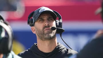 Oct 20, 2024; East Rutherford, New Jersey, USA;  Philadelphia Eagles head coach Nick Sirianni  against the New York Giants at MetLife Stadium. Mandatory Credit: Robert Deutsch-Imagn Images