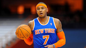 Oct 22, 2012; Syracuse, NY, USA; New York Knicks small forward Carmelo Anthony (7) dribbles the ball up court during the first quarter against the Philadelphia 76ers at the Carrier Dome.  Mandatory Credit: Rich Barnes-Imagn Images