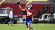 May 10, 2025; East Rutherford, NJ, USA; New York Giants quarterback Jaxson Dart (6) throws a pass during rookie minicamp at Quest Diagnostics Training Center.  