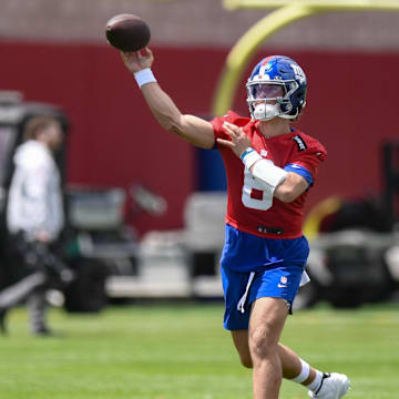 May 10, 2025; East Rutherford, NJ, USA; New York Giants quarterback Jaxson Dart (6) throws a pass during rookie minicamp at Quest Diagnostics Training Center. Mandatory Credit: John Jones-Imagn Images