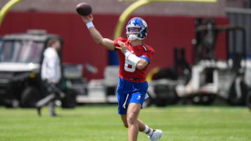 May 10, 2025; East Rutherford, NJ, USA; New York Giants quarterback Jaxson Dart (6) throws a pass during rookie minicamp at Quest Diagnostics Training Center. Mandatory Credit: John Jones-Imagn Images